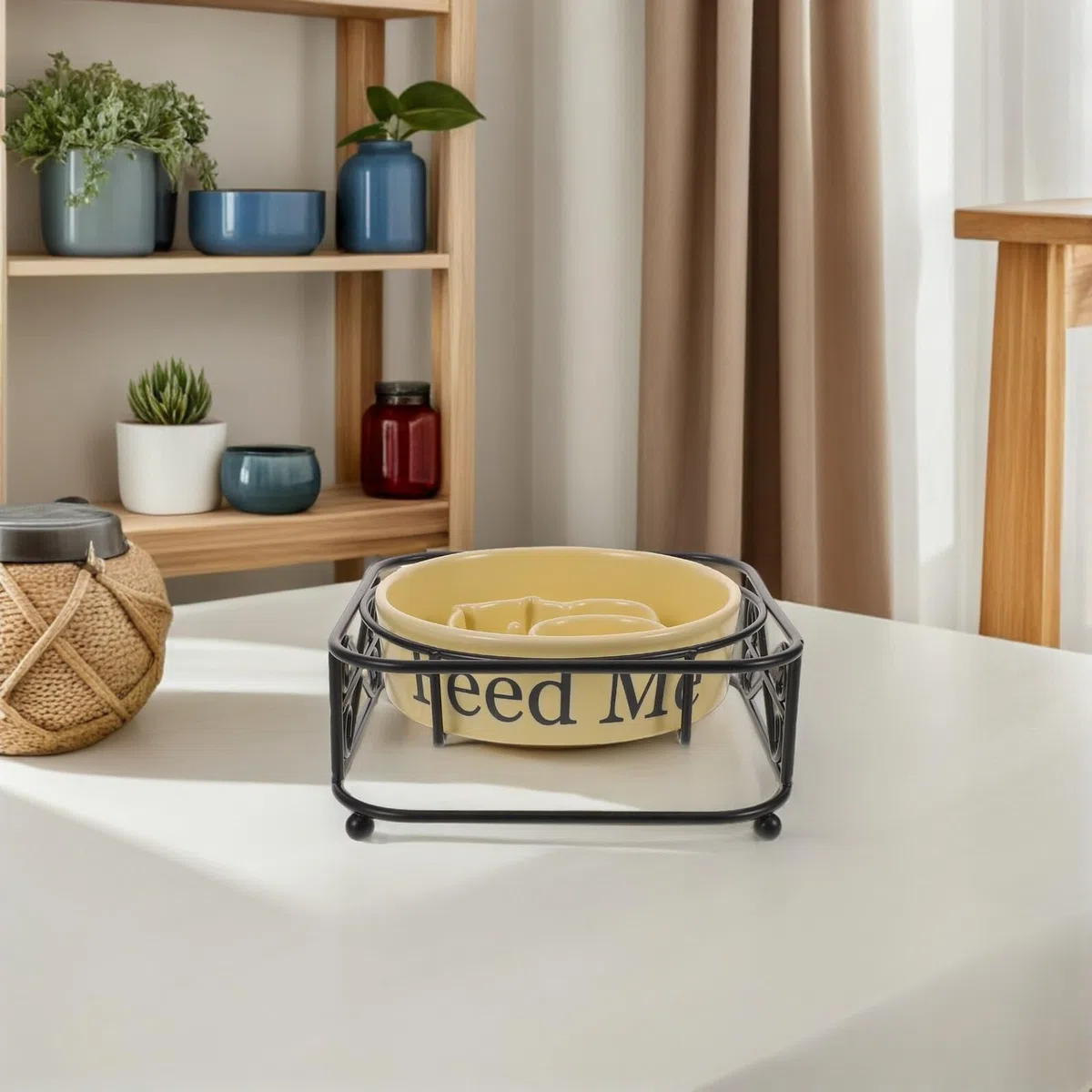 Comedero Lento Elevado para Perros y Gatos Pequeño de Cerámica Color Amarillo con Soporte Metálico Antideslizante para Alimentación Saludable y Control de Porciones