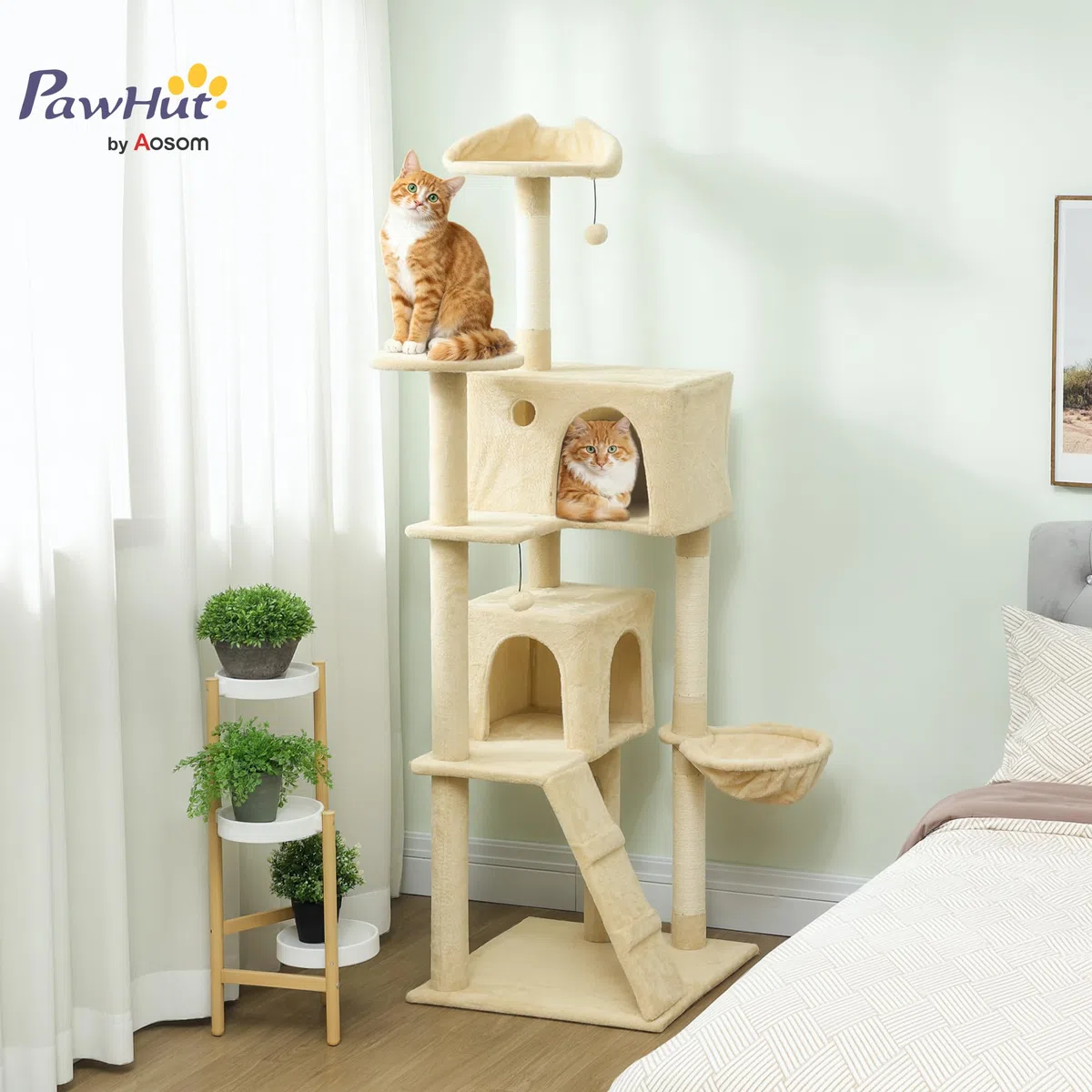 PawHut Árbol Rascador para Gatos, Árbol para Gatos 180 cm, Torre Escalador con Múltiples Plataformas, Cama, 2 Cuevas, Hamaca, Escalera, Postes de Sisal, Bolas para Jugar, Beige