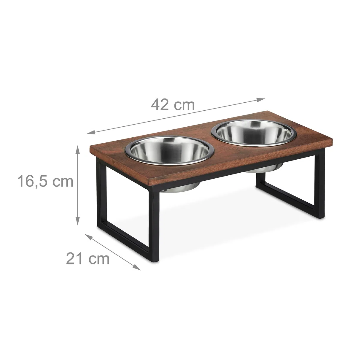 Relaxdays Napfständer Comedero Elevado para Perro, Soporte Alto de Madera Mango, 16,5x42x21cm, 2 Cuencos Acero INOX. 1000ml, Marrón, 1000 ml