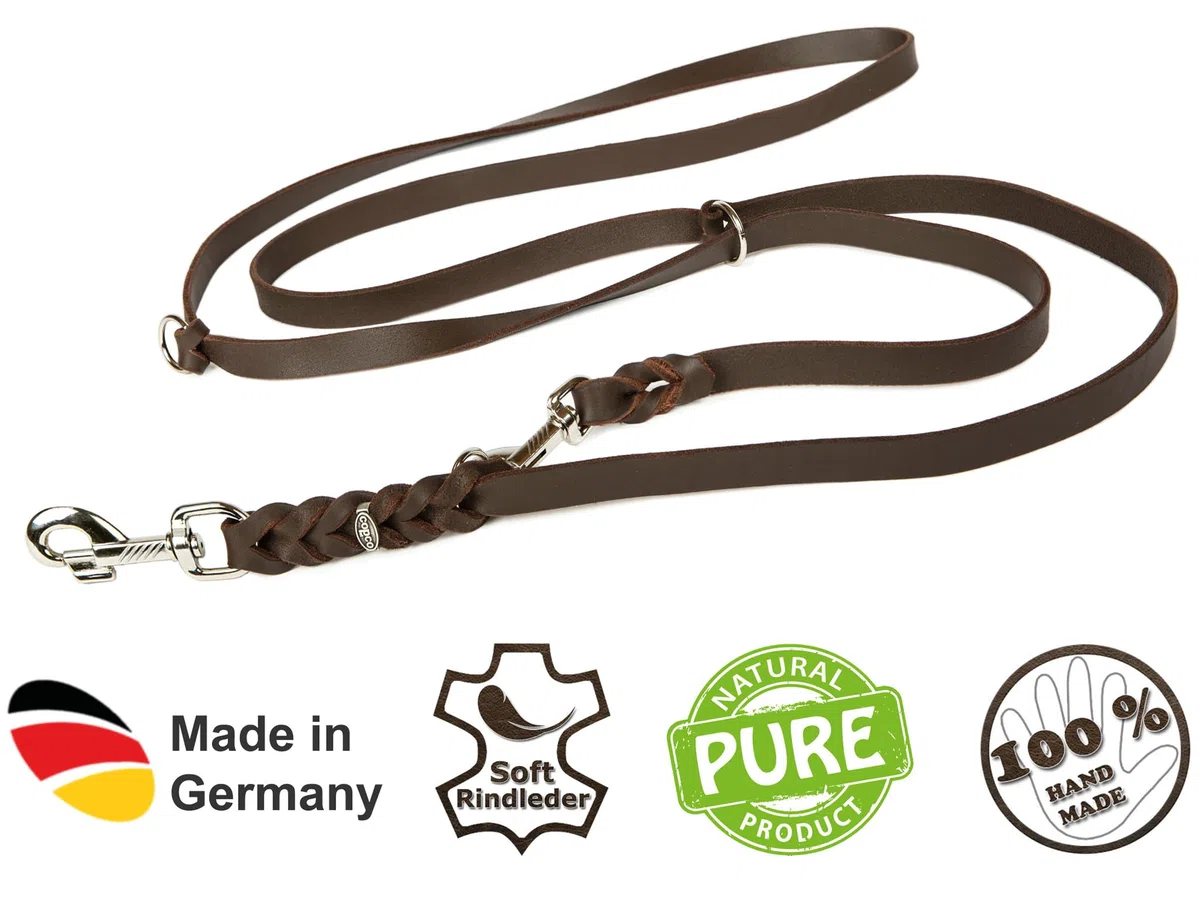 CopcoPet – Correa de cuero engrasado para perros – Correa ajustable en 3 posiciones de piel suave con mosquetones y herrajes de cromo – Correa trenzada 100% hecha a mano en Alemania (2,0 m x 20 mm |