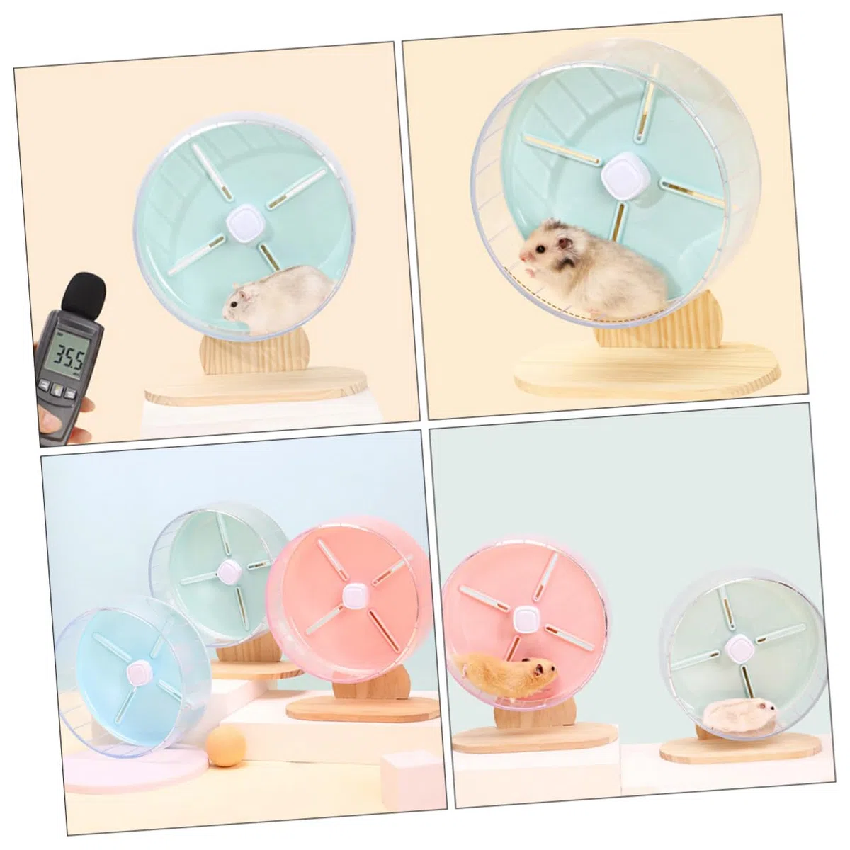 WOONEKY Rueda Silenciosa para Hámster y Erizo 20 Cm de Plástico Soporte de Madera para Jaula, Rueda Compacta y Estable para Pequeños Roedores Mascotas