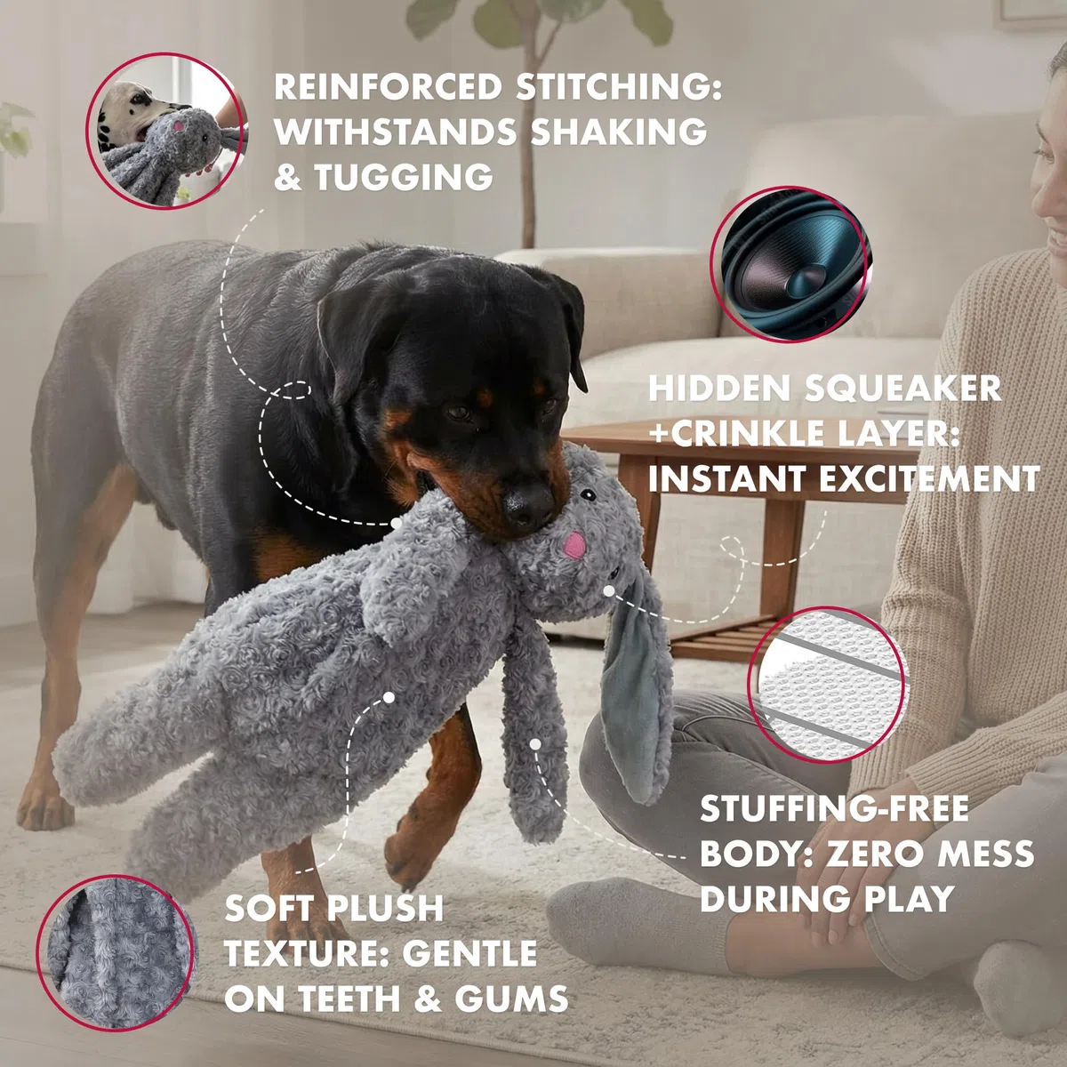 Petlou Juguetes de peluche sin relleno para perros con papel duradero para masticar perros grandes y medianos (gris, conejo floopy 2)