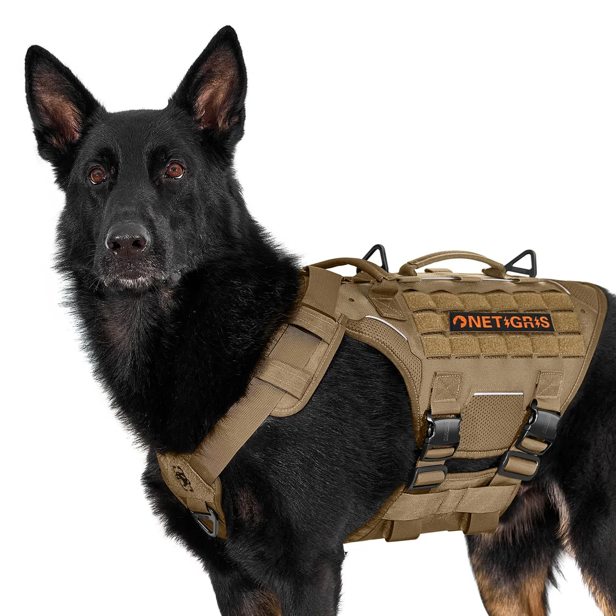 OneTigris Arnés para perros, Torpedo Tactical Arnés con 4 hebillas de metal, 3 anillos en D de metal, 2 asas y tiras reflectantes, arnés de seguridad ajustable para perros grandes y medianos - Marrón