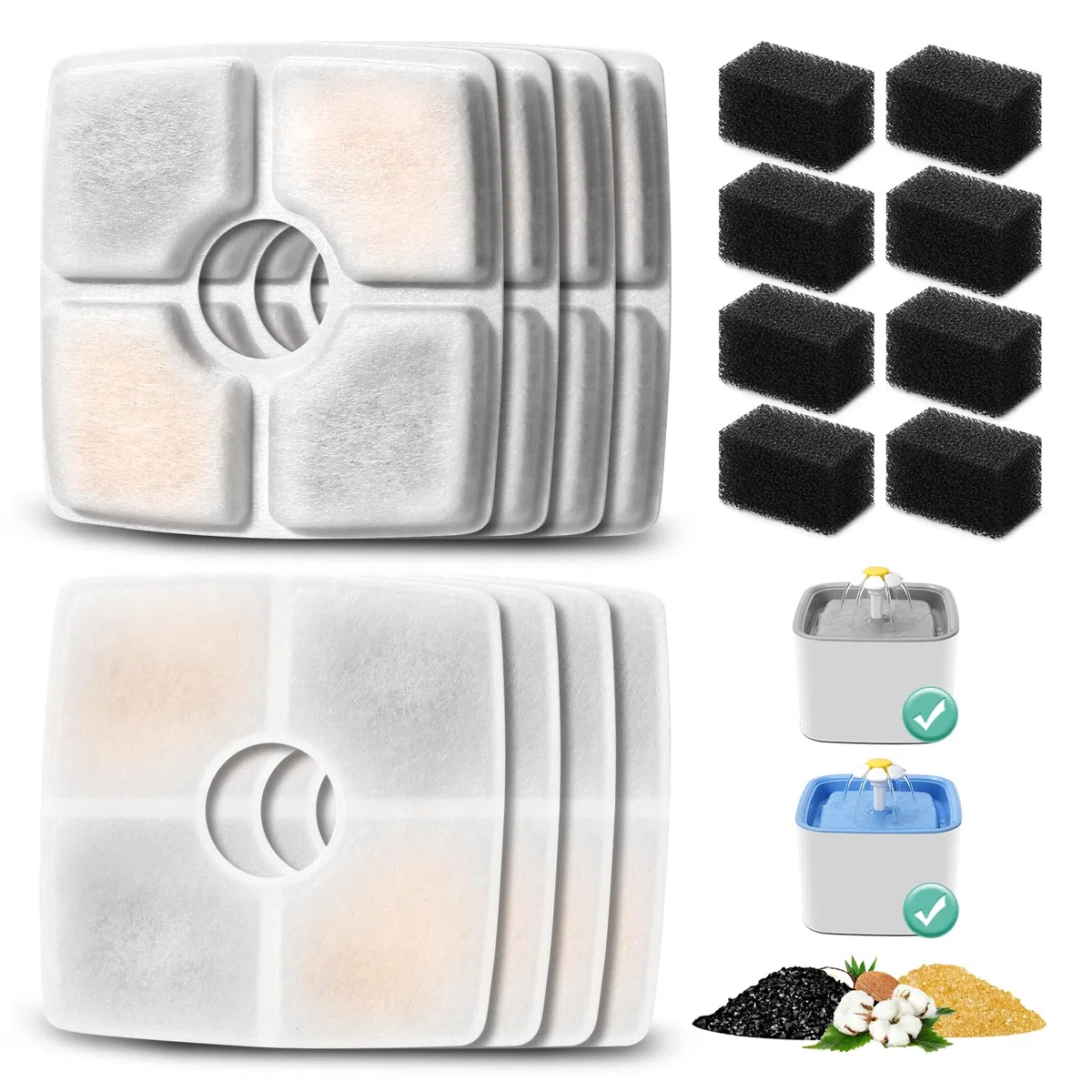 Paquete de 8 filtros de repuesto y 8 esponjas de prefiltro para fuente automática de mascotas de 84 onzas/2.5 L, filtro de fuente de agua BFLICROY para gatos, filtros de repuesto de fuente de mascotas