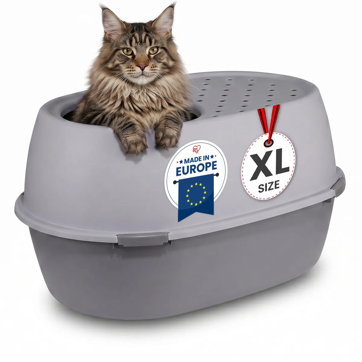 Iris Ohyama, Arenero XL para Gato, Bandeja de Arena XXL para Gato, Gris, Caja de Arena, Apertura Superior, Fácil de Limpiar, para Gato Adulto Grande, Dos Gatos, Maine Coon, sin BPA - Punt-XL