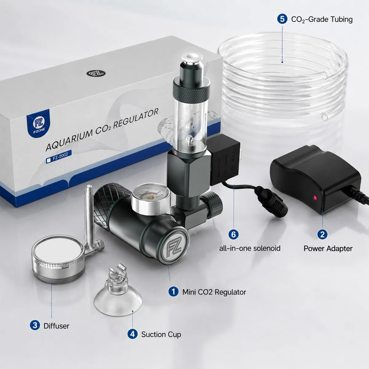 FZONE Mini Regulador de CO₂ para Acuario (W21.8) Kit, Sistema Compacto de CO₂ con Difusor, Electroválvula DC Mejorada, Contador de Burbujas y Válvula Antirretorno para Acuarios Plantados