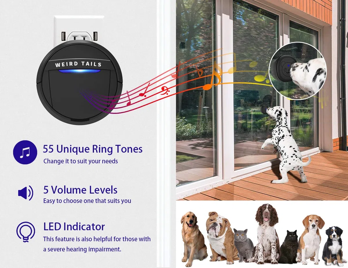 Timbre inalámbrico, Campanas de Perro para Entrenamiento de Orinal IP55 Impermeable Timbre de Puerta Que Funciona a 950 pies con 55 melodías 5 Niveles de Volumen Flash LED