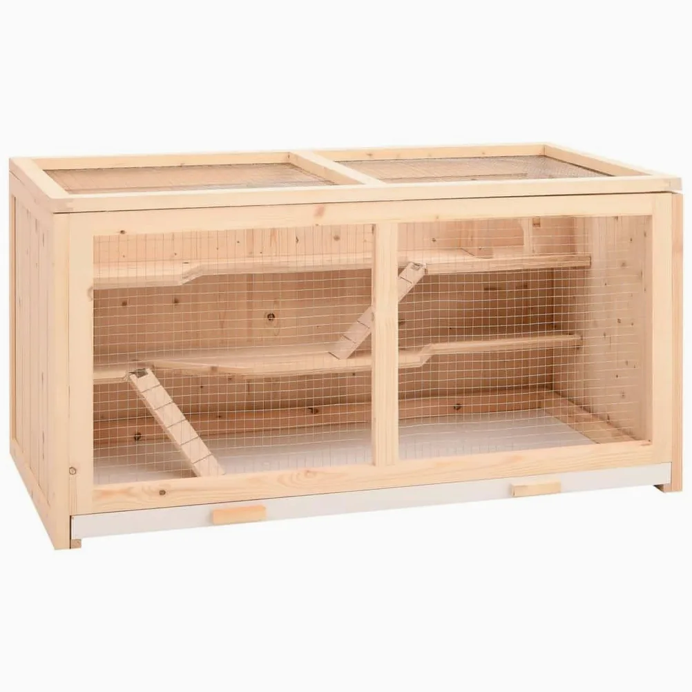 Jaula para hámster de madera de abeto, 89,5 x 45 x 45 cm | Gran casa para roedores con techo de rejilla abatible y bañera extraíble para el salón.
