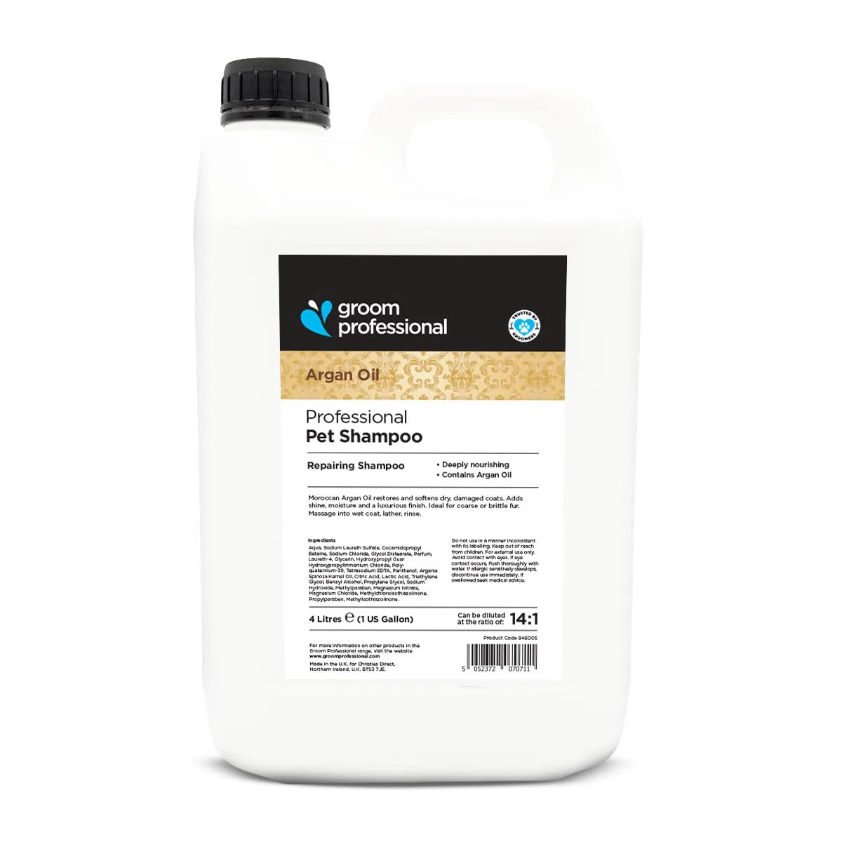 Groom Professional Champú para perros con aceite de argán (4 L) – Tamaño de salón 10: 1 concentrado, con aceite de argán y vitamina E, hidrata, protege y repara el pelaje seco