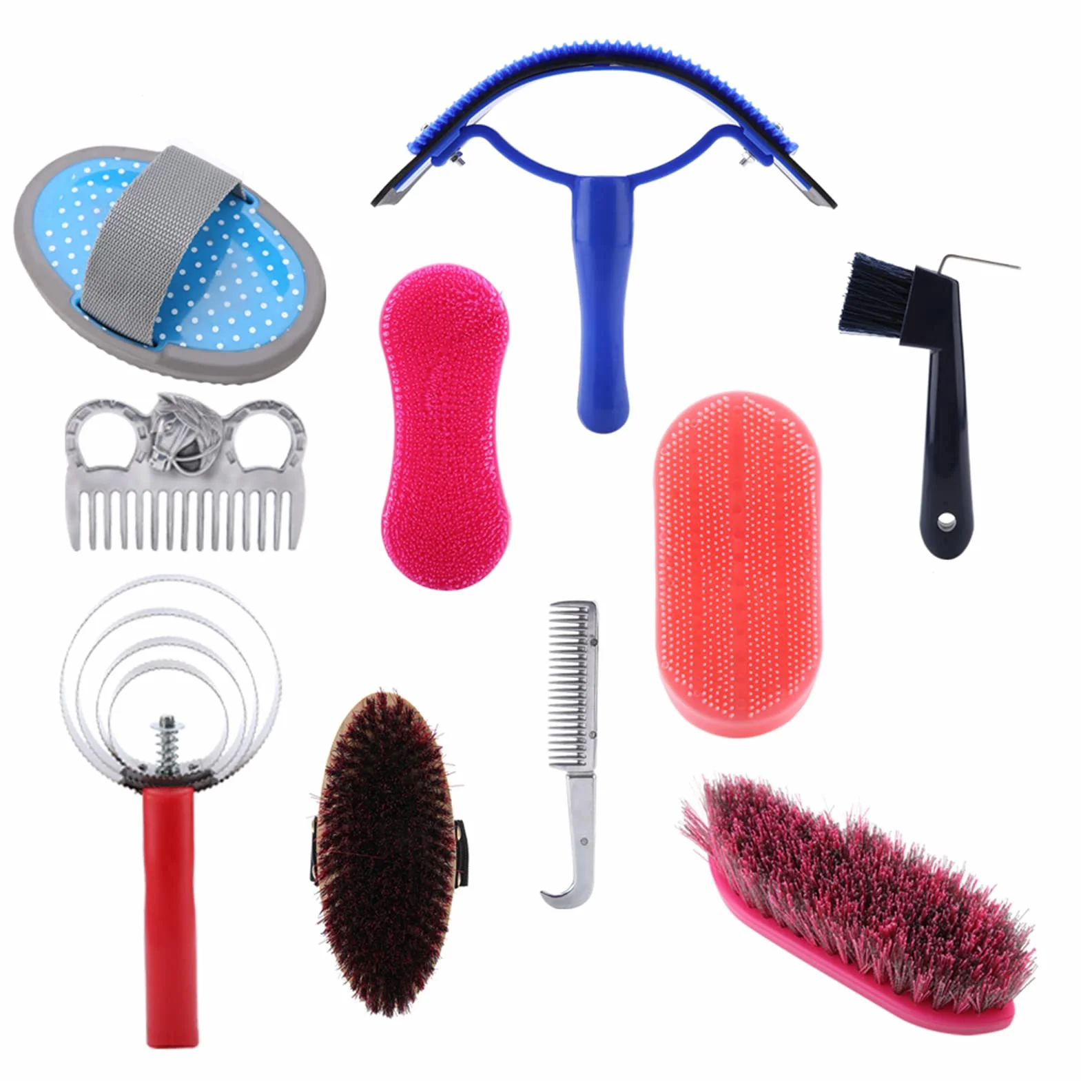Kit de cuidado de caballos de 10 piezas, juego de herramientas de limpieza ecuestre, kit completo de cepillo para caballos y peine de curry con raspador de sudor, pico para