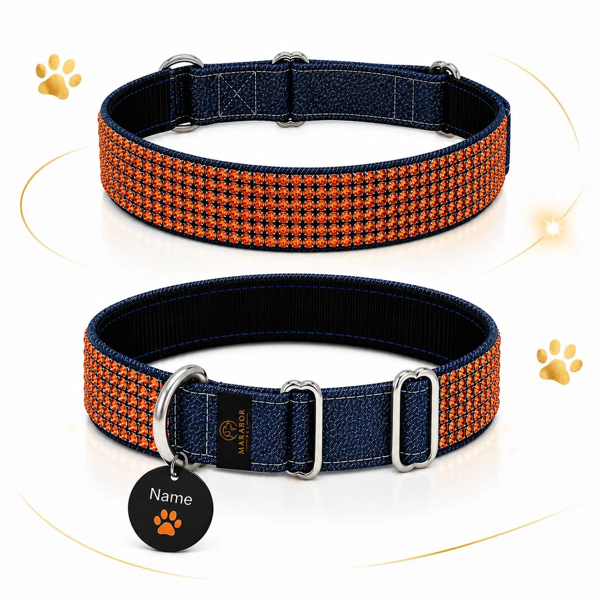 Collar para perro con etiqueta de nombre personalizada, hecho a mano en Austria, piezas de metal reforzado y diseño vaquero, para perros pequeños y grandes (S, naranja atardecer)