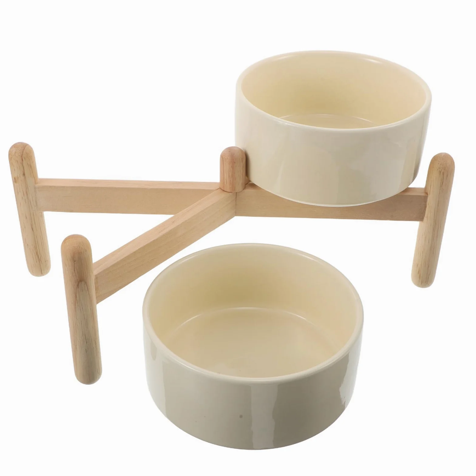Comedero Doble Elevado para Perros y Gatos con Soporte de Madera Antideslizante, Cuencos de Cerámica Beige de 15,5 CM y 850 Ml, Adecuado para Mascotas Pequeñas y Alimentación