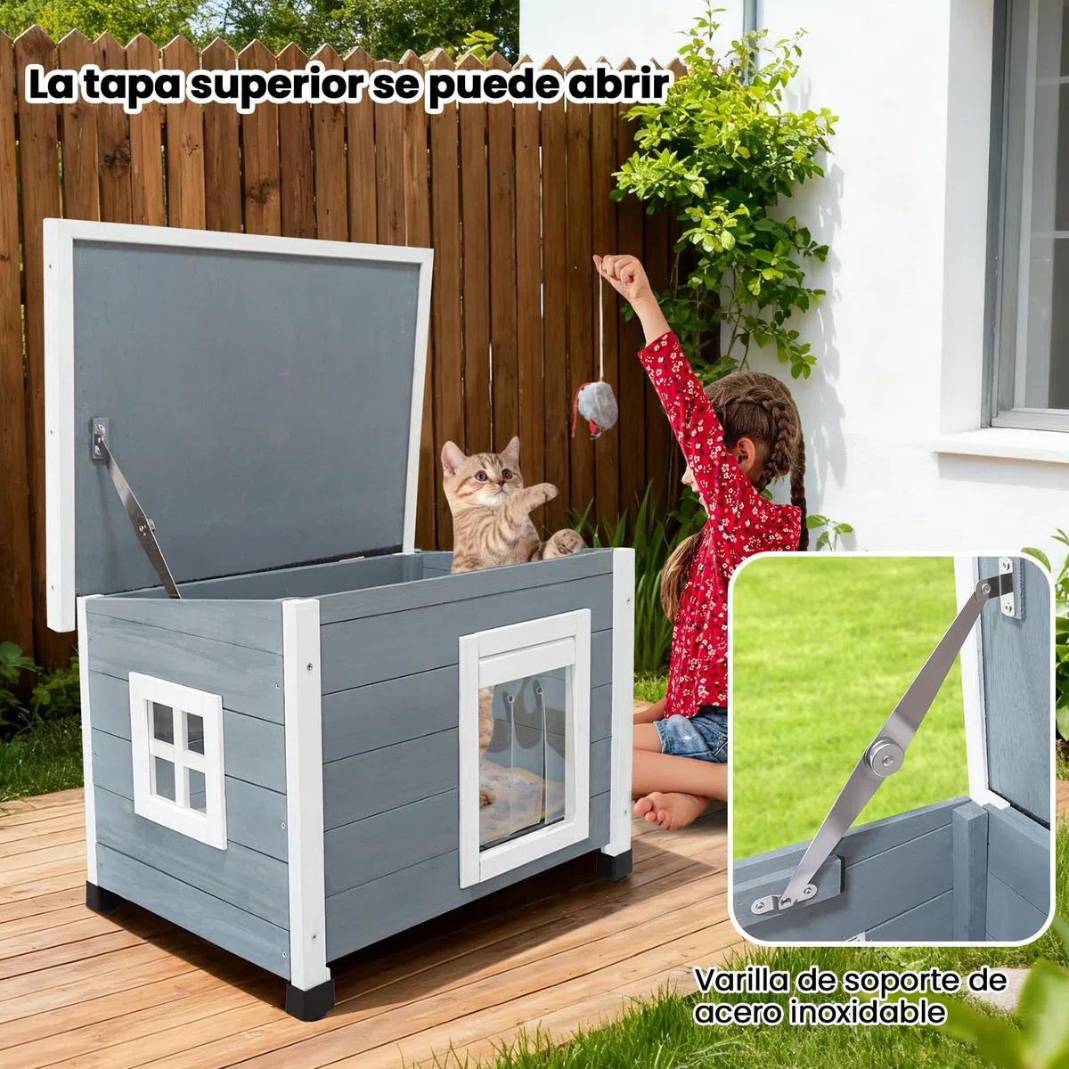 Caseta de madera para gatos al aire libre con techo de asfalto impermeable, adecuada para cachorros y animales pequeños