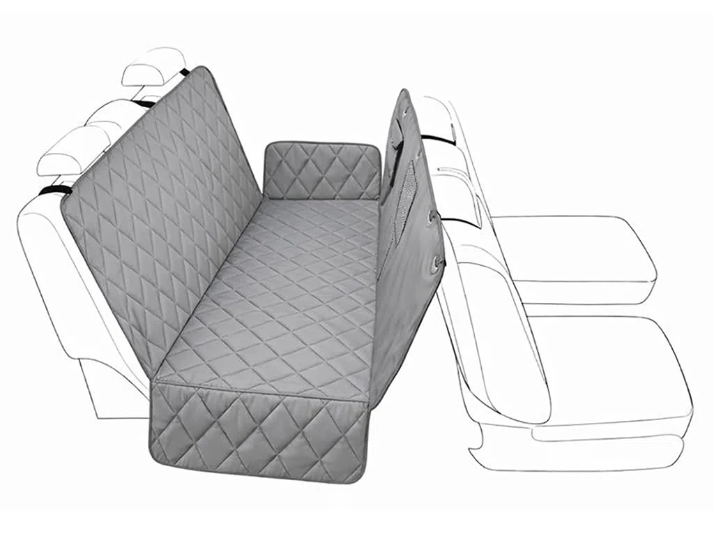 NK Kit Funda Coche Perro, Engache Cinturón y Separador - Protector Asiento para Mascotas, Impermeable, Antidesliante, Ventana de Malla, Protector Completo Asiento Trasero y Puertas, Color Gris