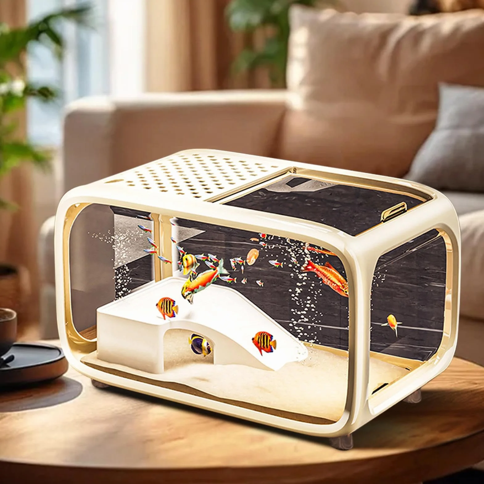 Acuario de mesa – Mini acuario con decoración de escalada para pequeñas mascotas acuáticas, tortuga de camarón Betta, hábitat acrílico transparente, complemento para la plantación de agua