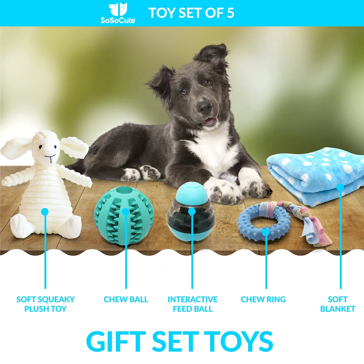 Caja de regalo azul para perros, juego de 5 juguetes masticables para cachorros, paquete de cuidado con manta para perro, felpa chirriante, mordedor de goma para cachorros, bola de dentición