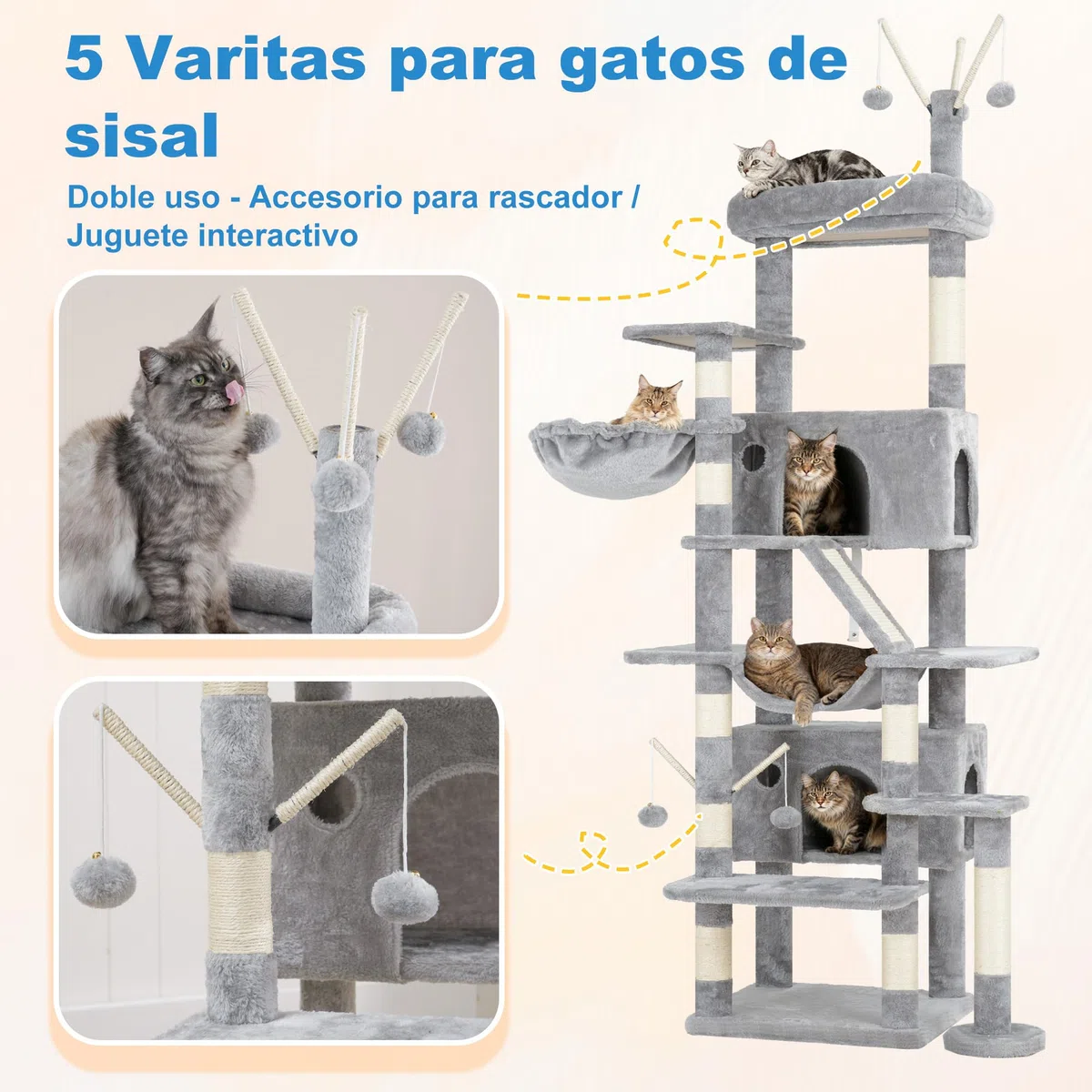 Hey-brother 210 cm Árbol para Gatos, Rascador para Gatos Grande Apto para hogares con Varios Gatos, Equipado con 2 Cuevas Grandes, Hamaca, Cesta y Varita Juguete extraíble, Gris Claro EMPJ082W
