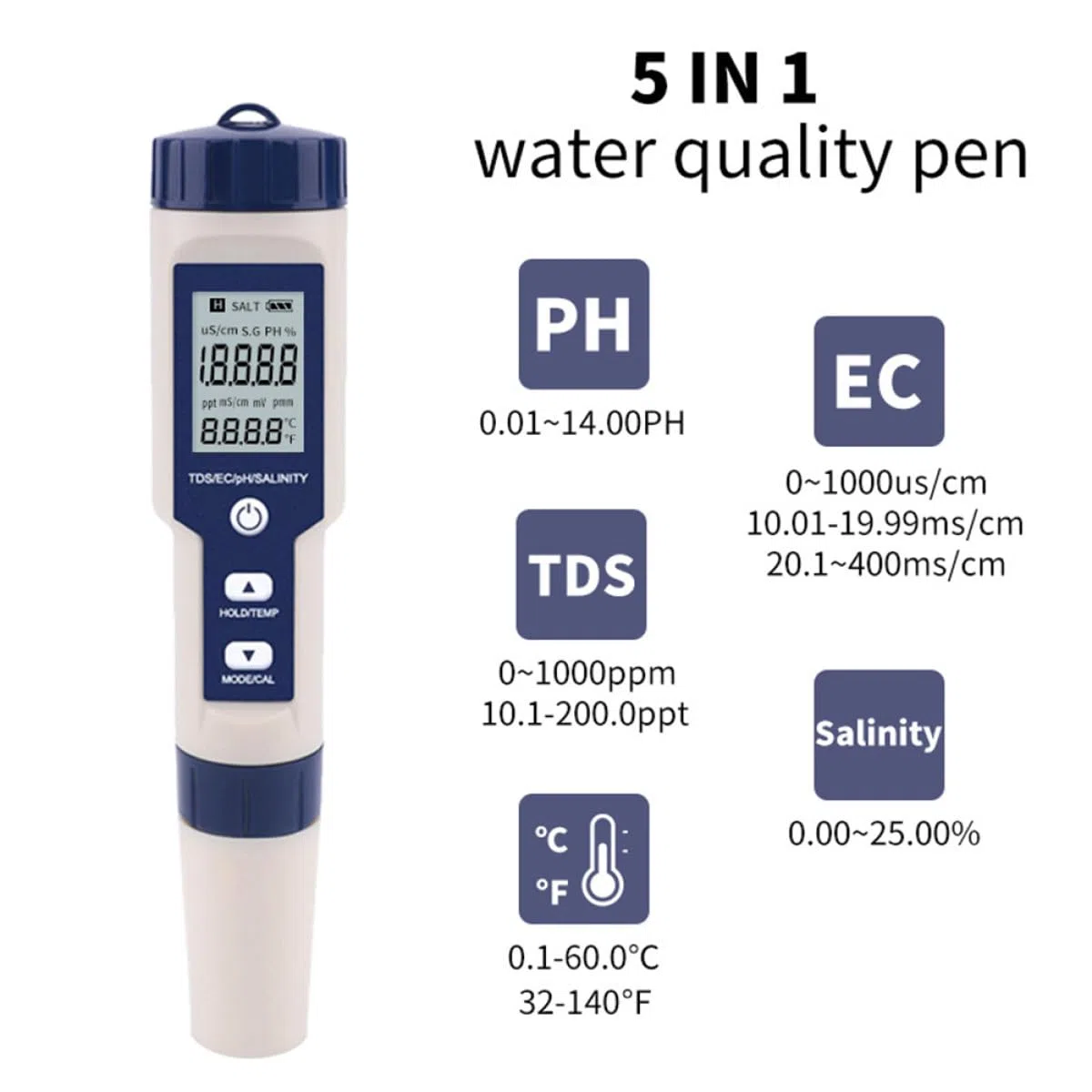 Digital Plástico Laboratorios Acuarios y Salinidad de Probador para LCD Diseño Único y Medición Ph, Material 3 Baterías Lr44 Incluidas Acuáticos