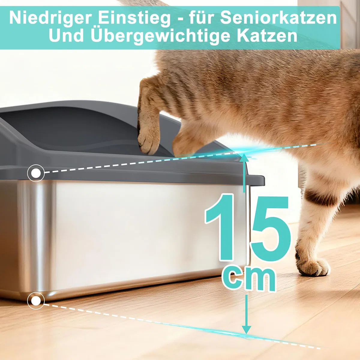 FURTIME Arenero Gato Acero Inoxidable XXXL, Caja Arena para Gatos Muy Grande 71x51x31 cm, WC Gatos con Borde Alto Desmontable, Fácil de Limpiar, Ideal para Hogares con Múltiples Gatos y Razas Grandes