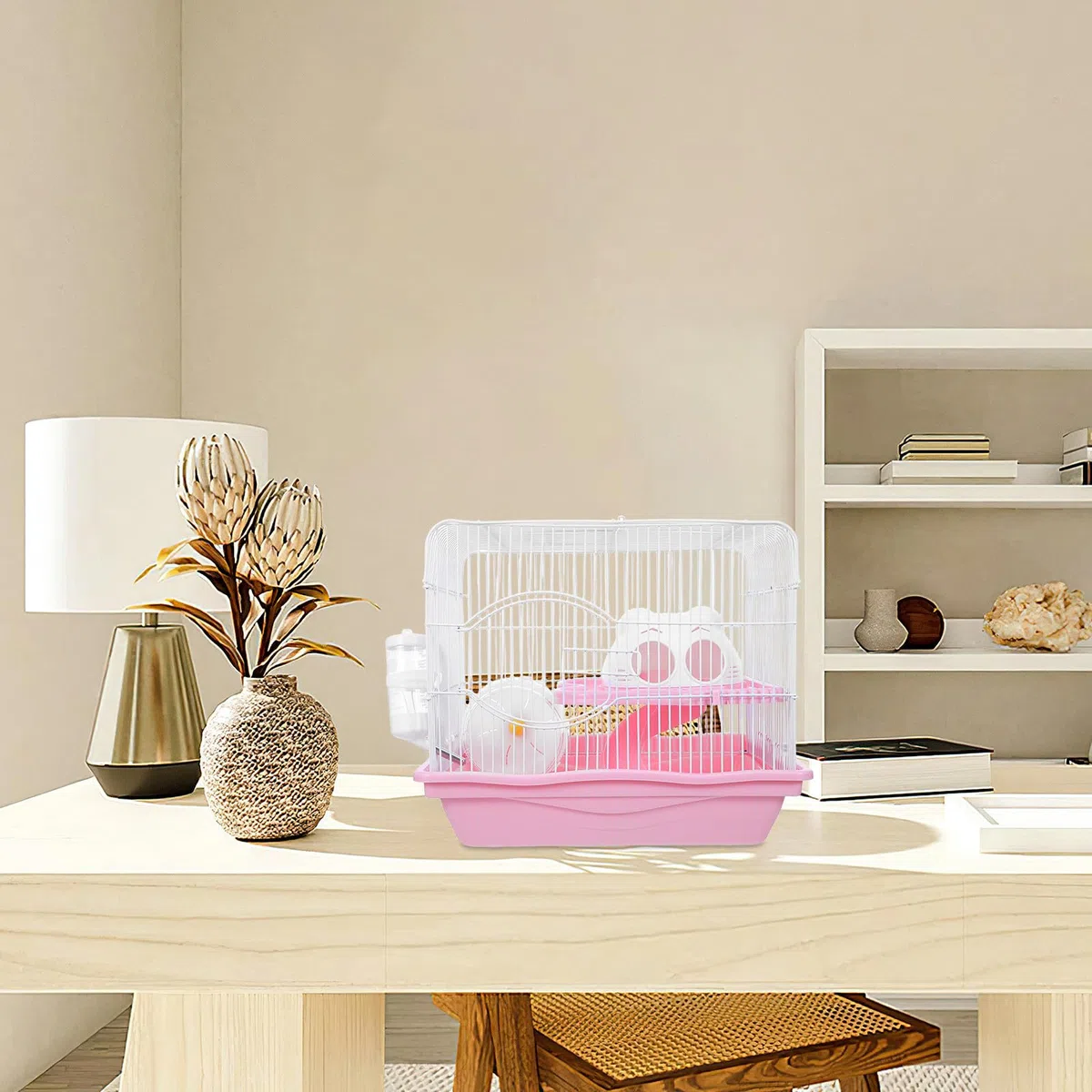 Jaula para Hámster Pequeño de Plástico Rosa, 2 Niveles con Rueda