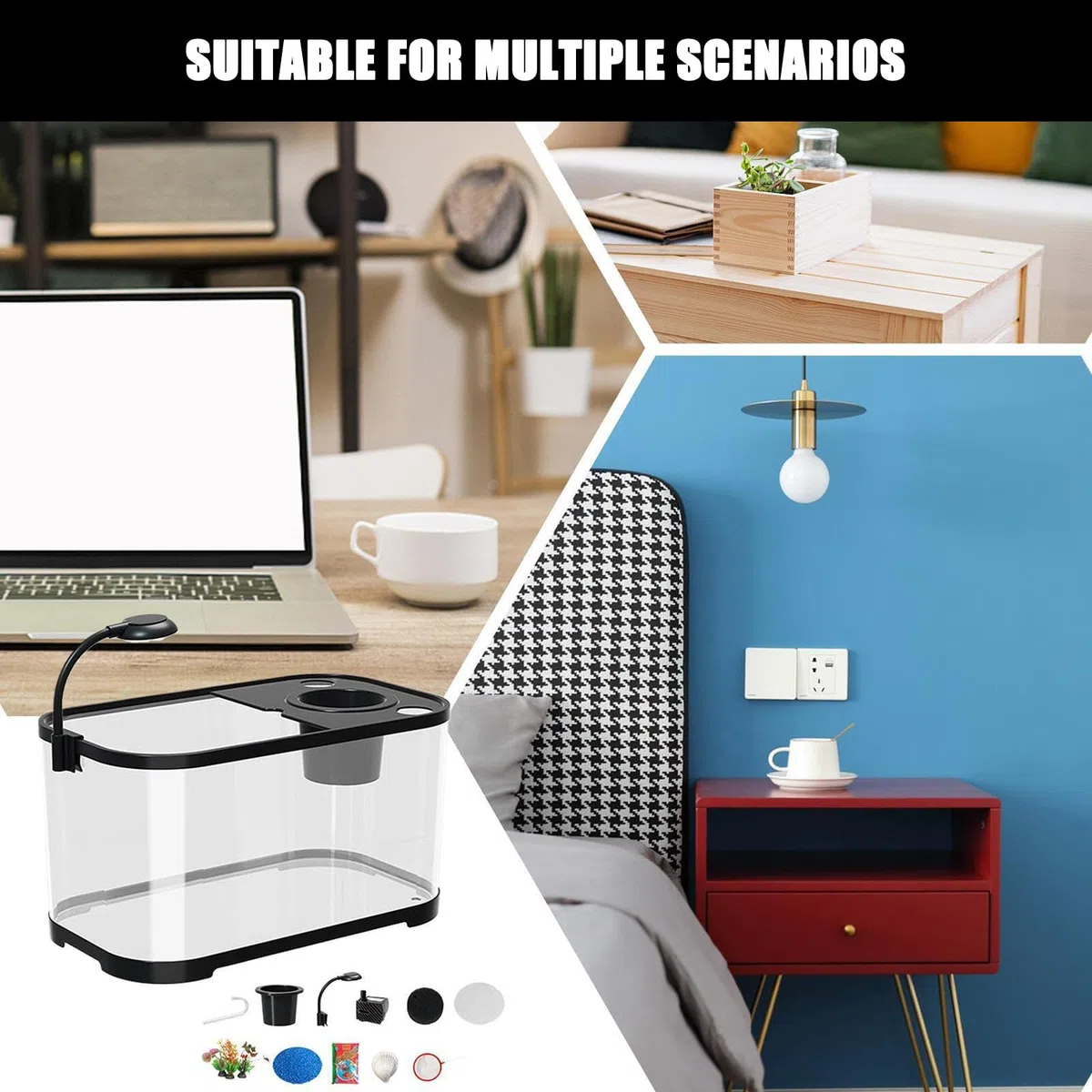 Kit de acuario con filtro y luz LED, pecera compacta para decoración del hogar u oficina