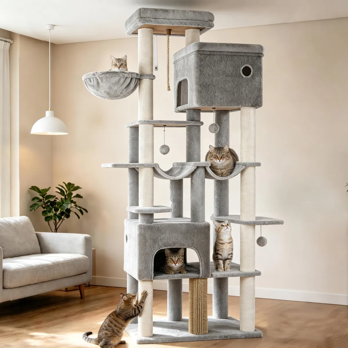 Hzuaneri Árbol de Gato 200 cm XXL, Rascador con 2 Casitas y 10 Sisal, Torre Resistente para Gatos Grandes Maine Coon, Incluye 2 Hamacas, Gris Claro MS20018LG