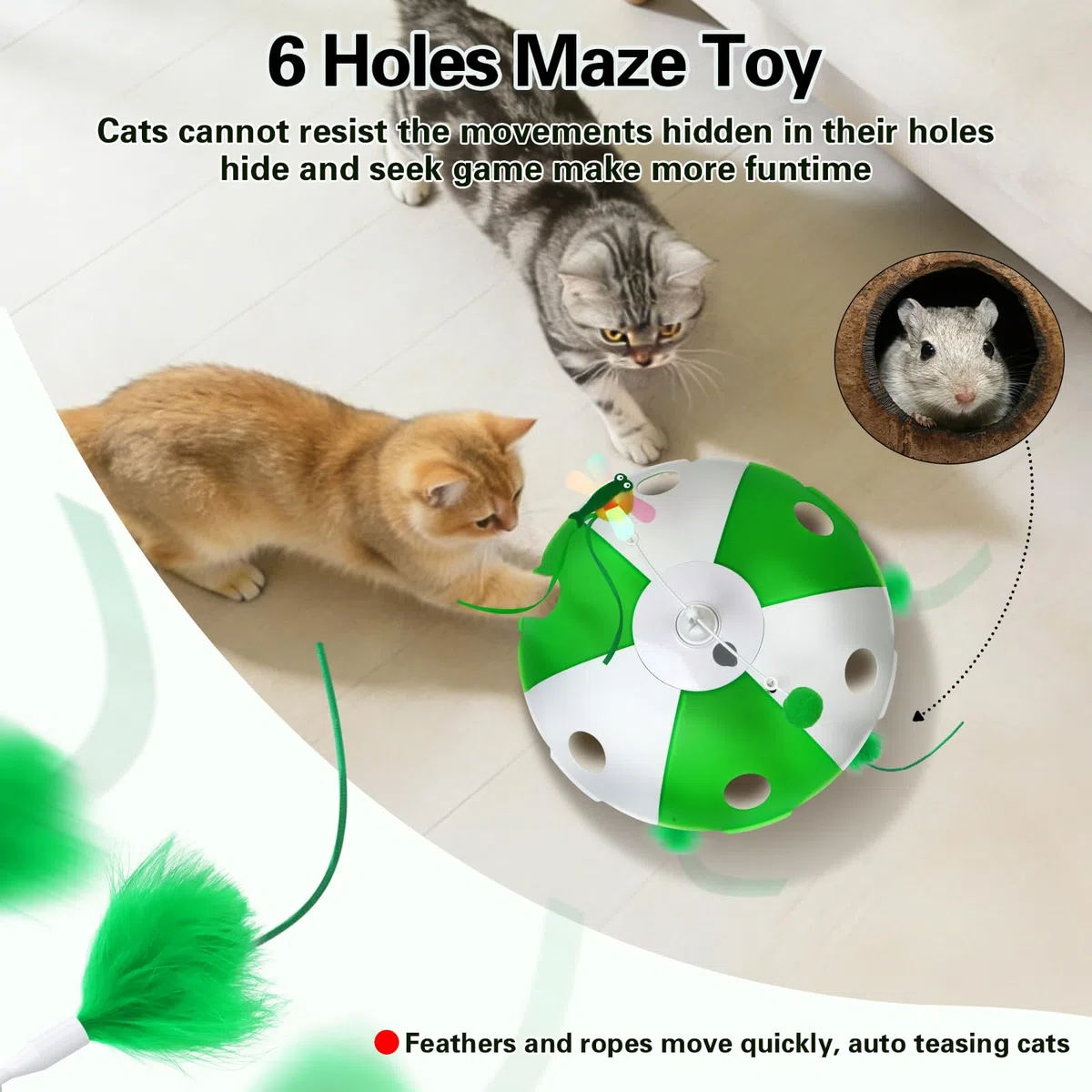 Sofolor Juguetes para gatos recargables, juguetes interactivos para gatos de interior, activados por tacto, plumas en movimiento, canto de pájaros, juego de captura de ratones de laberinto de 6