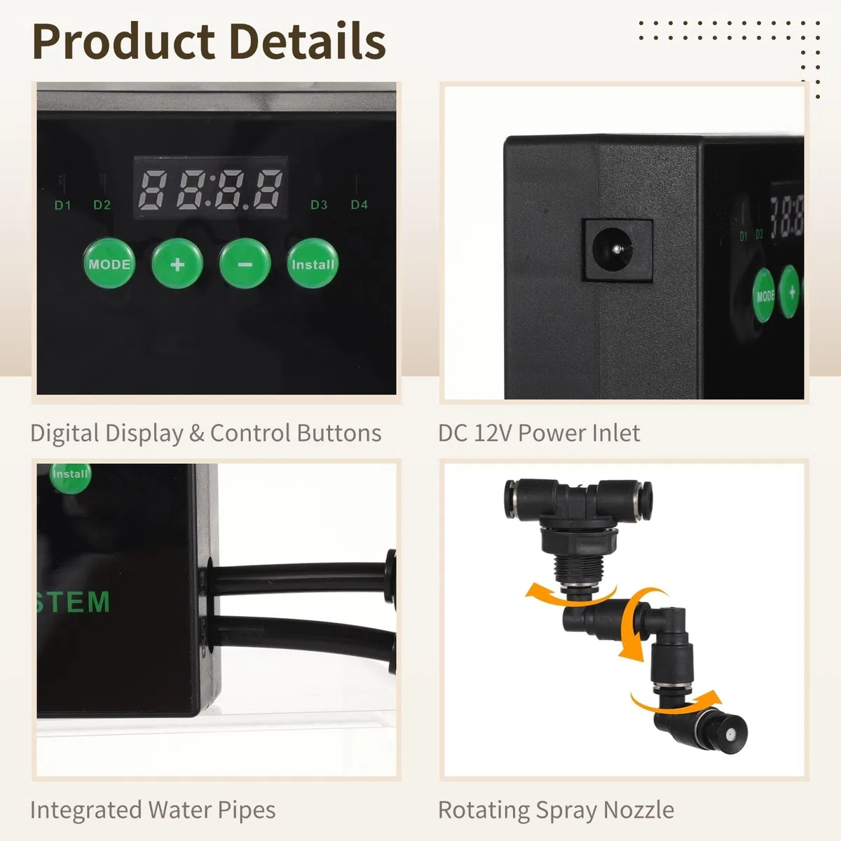 Humidificador programable para reptiles con boquillas dobles, tubo largo y panel de control, atomizador de nebulización interior para serpientes, lagartos, plantas tropicales