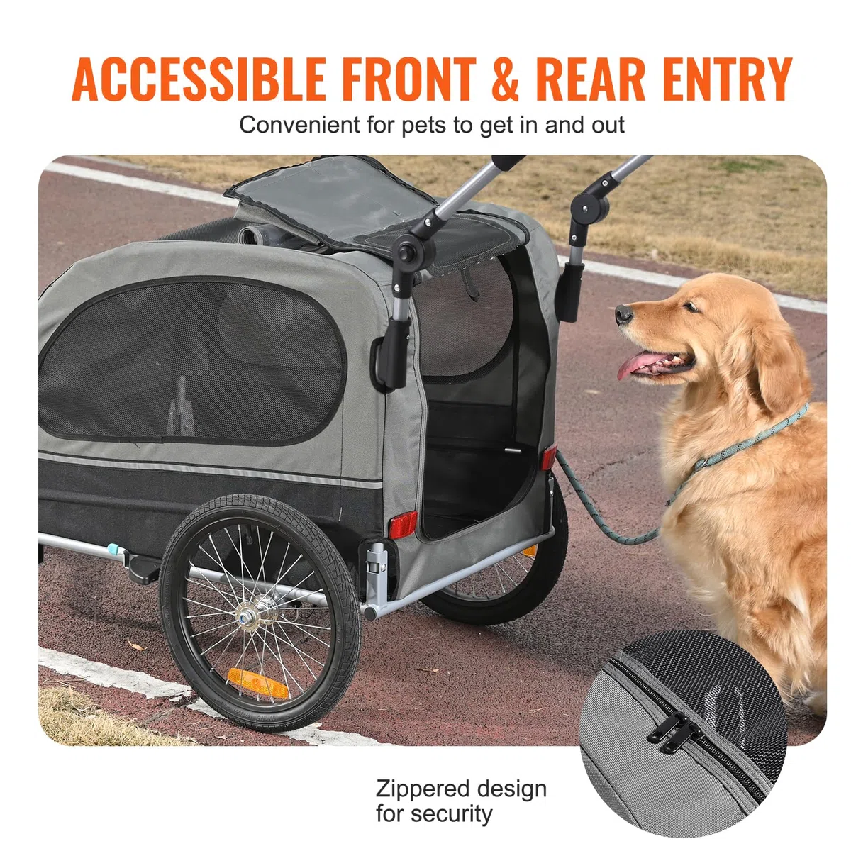 VEVOR Remolque Plegable para Bicicleta para Perros Carga de 450kg Cochecito para Mascotas 2 en 1, Marco Fácil de Plegar con Ruedas de Liberación Rápida, Acoplador Universal para Bicicleta, Reflectores