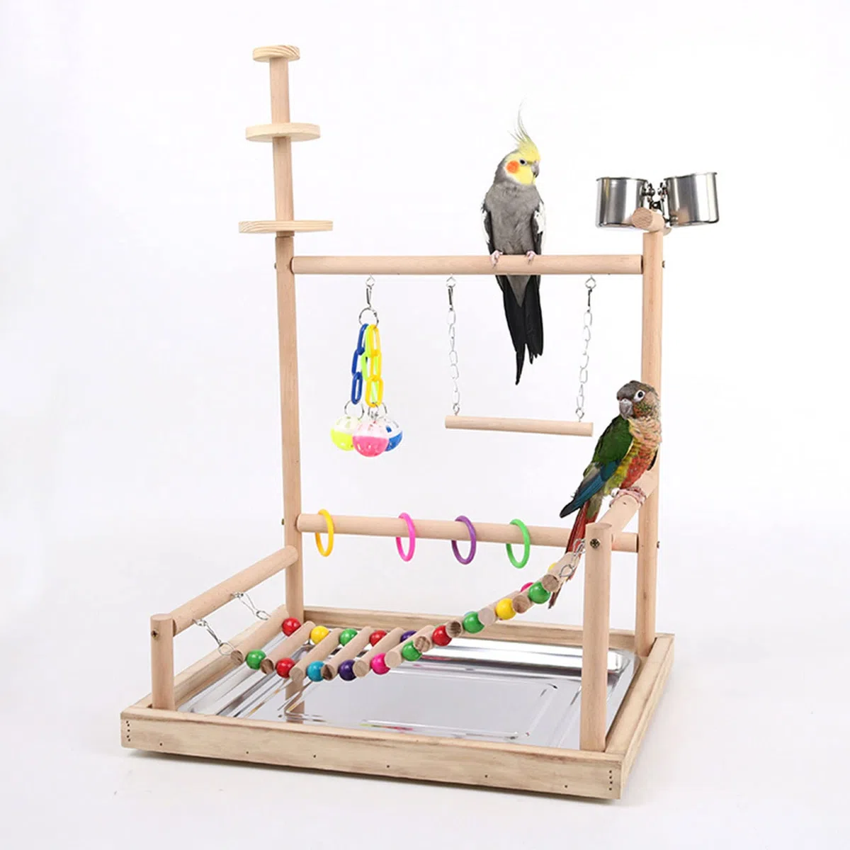 Jaula para pájaros, juguete para masticar, escalera, columpio, loros, perca, centro de actividades con tazas de alimentación, soporte de madera natural para pájaros, con cuencos, grande para