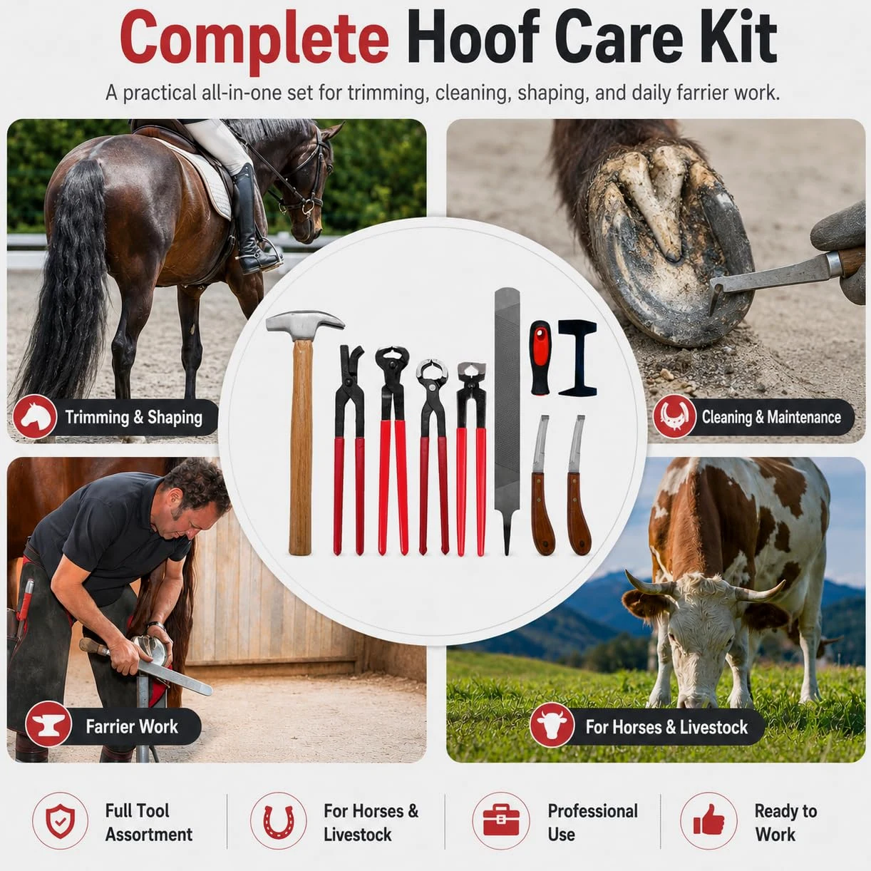 Kit Profesional Pesado de Herramientas de herrador para Caballos | Corta-cascos, tenaza de remache, raspa, martillo, forja, lima de uñas, kit de aseo con funda