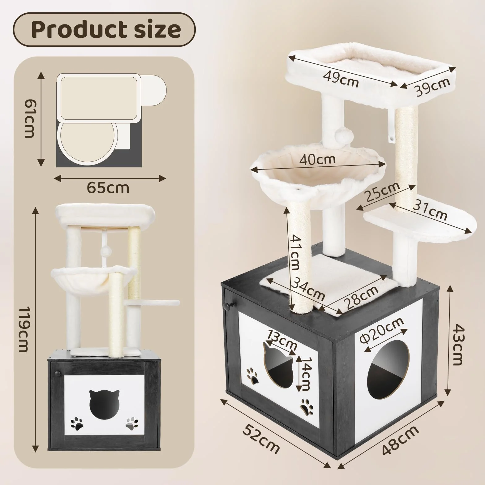 MAMIZO Árbol rascador con inodoro para gatos, árbol para gatos 2-en-1, nido de felpa desmontable, 119 cm de alto, cojines de felpa lavables, mueble para gatos, árbol rascador de madera, troncos de