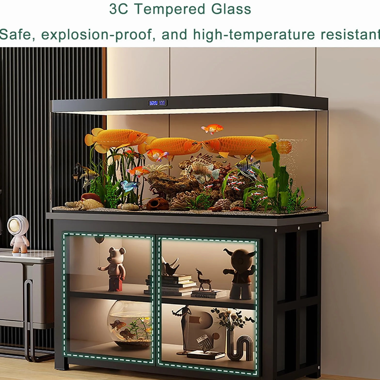 Moderno soporte para acuario con iluminación LED y puertas de cristal, gabinete resistente para peceras grandes y pequeñas, capacidad de 500 libras (blanco, 60 x 40 x 70 cm)