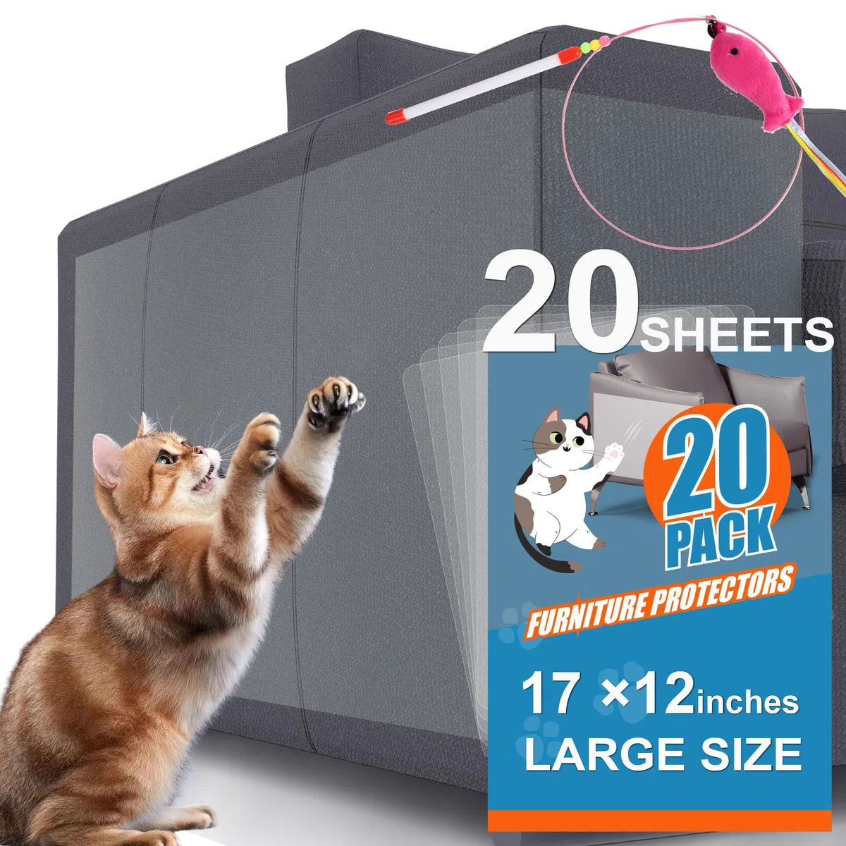 Paquete de 20 protectores de sofá para muebles de gato, tamaño grande de 17 x 12 pulgadas, cinta protectora contra arañazos de garras de gatos, funda protectora de esquina de silla para evitar