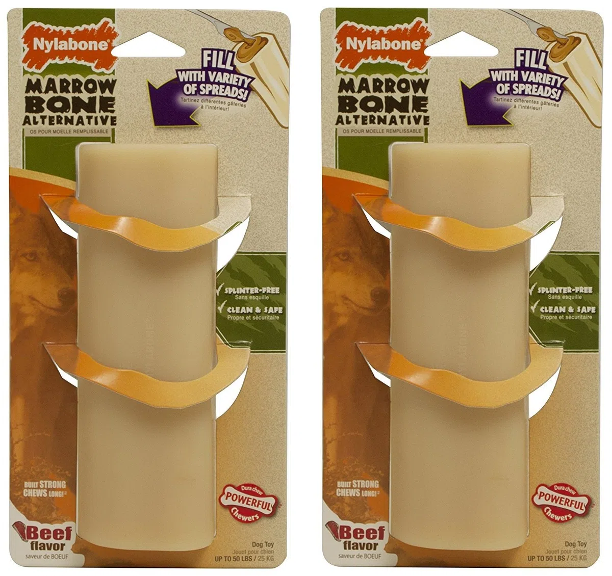 Nylabone Power Chew Fillable Marrow Bone, Beef Flavor Large Dog Toy - 2 Pack