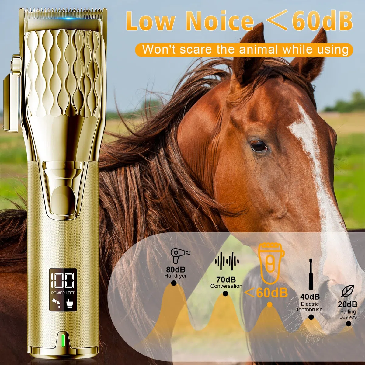 Cortapelos de caballos, kit de aseo inalámbrico con batería de 2500 mAh, máquina de corte corporal resistente de bajo ruido con pantalla LED para caballo, ganado, gato, perro con pelaje grueso