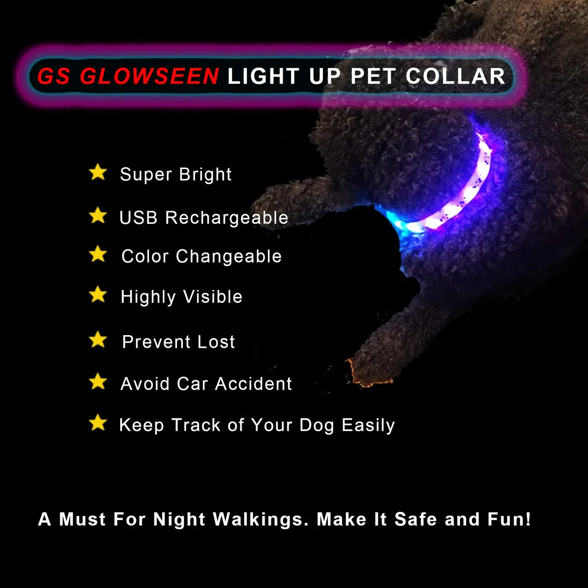 GS GLOWSEEN - Collar para perro con luz LED, color cambiable, Talla única, Un tamaño