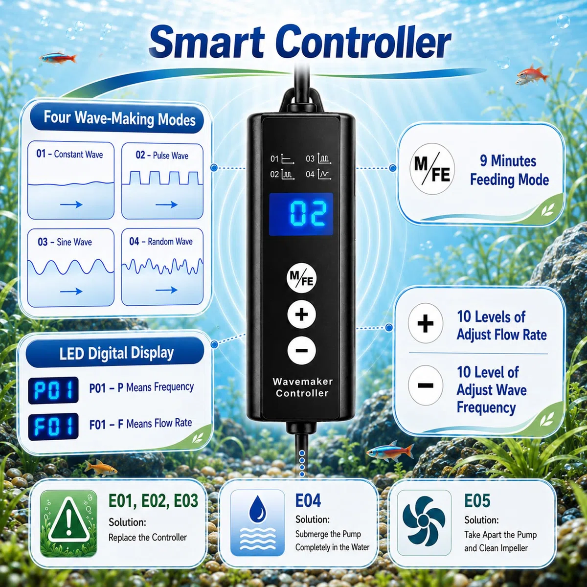 Wavemaker Bomba de flujo para acuario, 6 W, bomba de onda DC con 3000 l/h y 10 niveles, bomba de circulación magnética con 4 modos para depósito de peces de 15 – 189 L, para agua dulce y agua salada