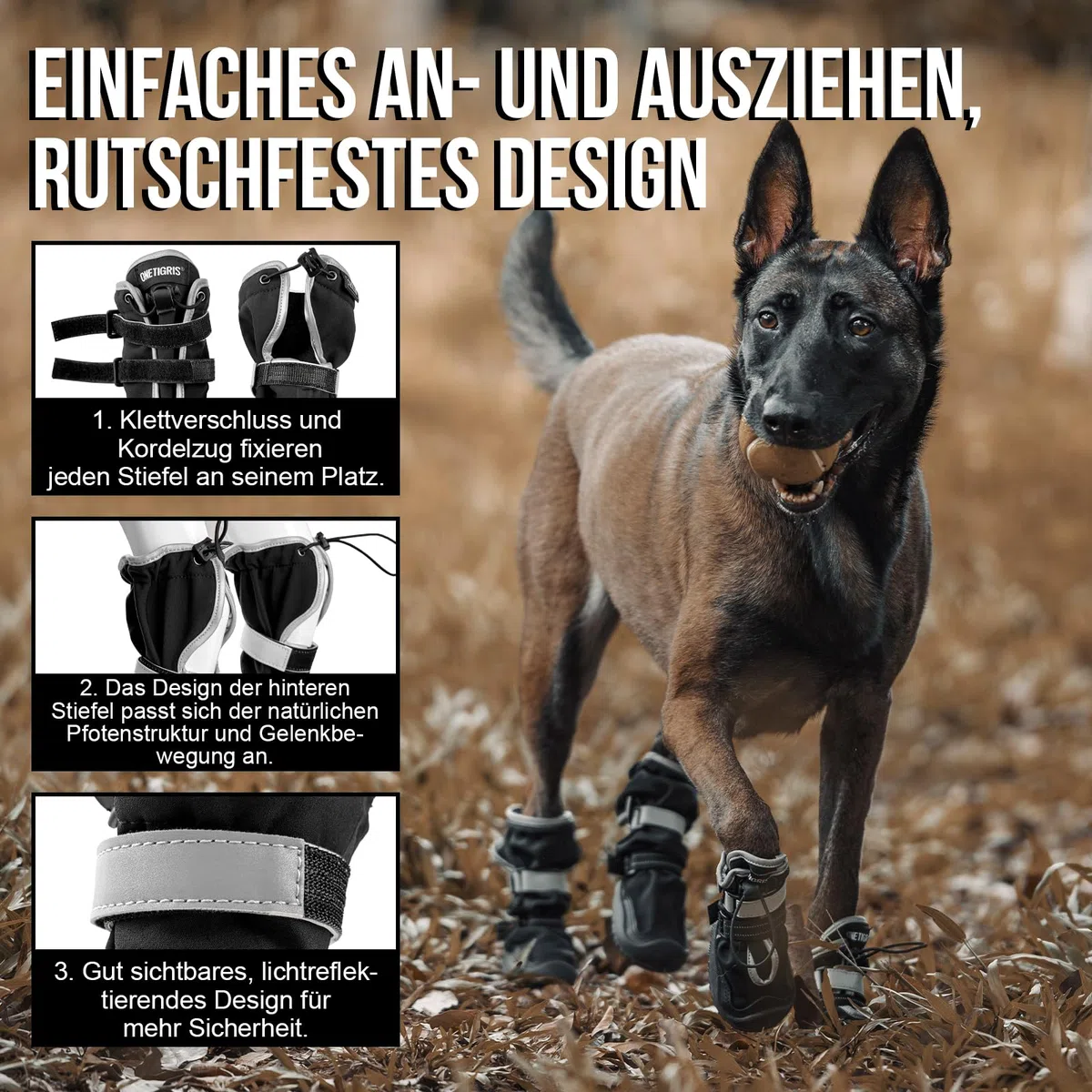 OneTigris Pathfinder Pathfinder - Juego de 4 zapatos antideslizantes para perros, impermeables, cálidos, ajustables, con cierres de reflectantes para perros medianos y grandes, color negro, talla 10