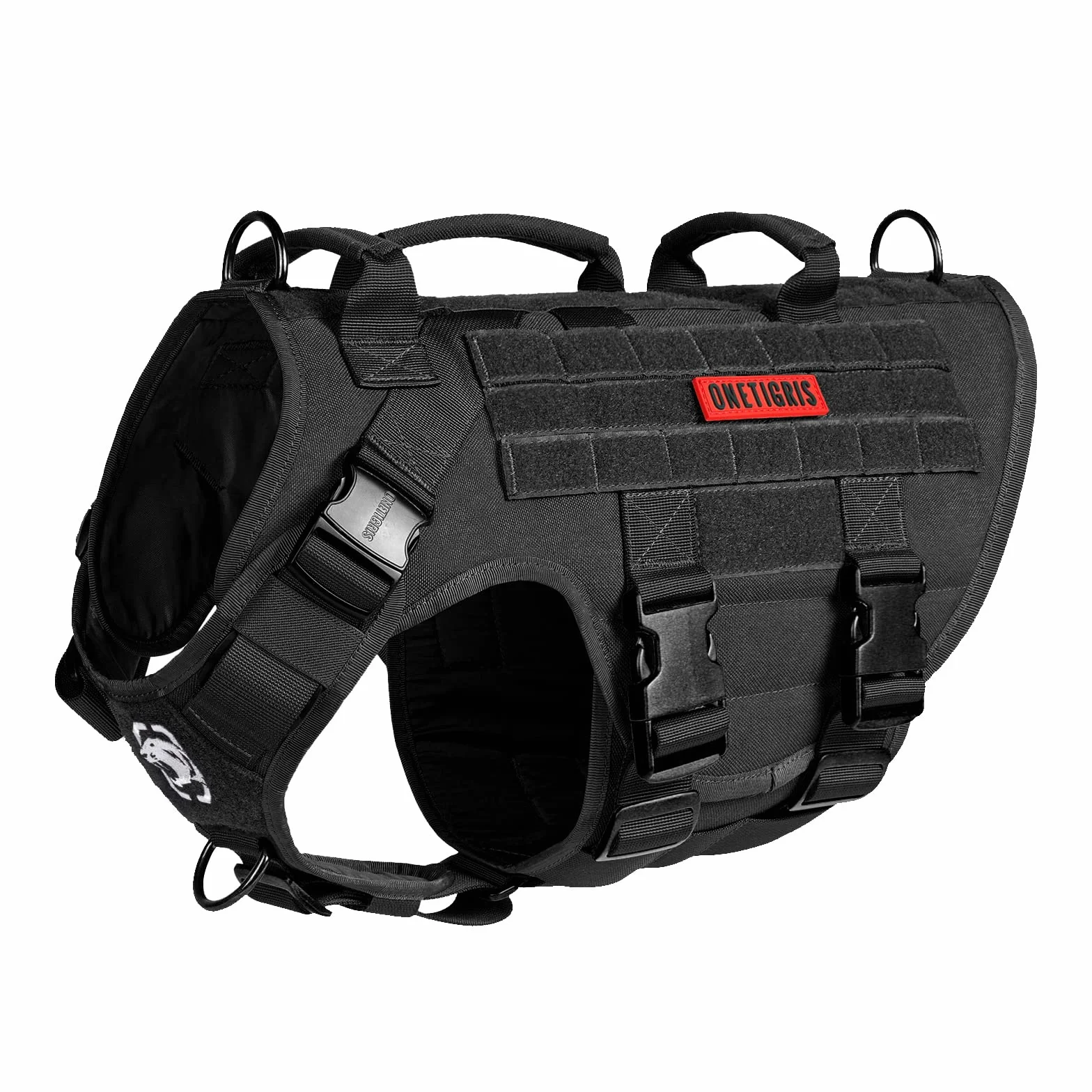 OneTigris Arnés Táctico para Perros X Destroyer - Ajustable, Antitracción, con 3 Asas y 2 Hebillas de Metal - Seguridad (Negro L)