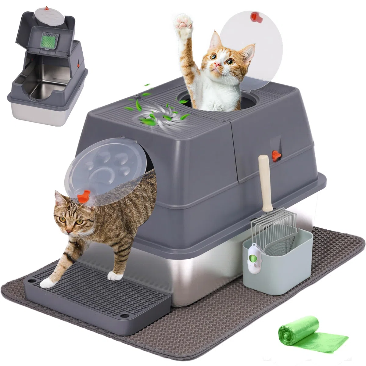 Arenero Gato Acero Inoxidable XXL, Arenero Gato Grande - Arenero de Metal para Gatos Grandes con Bordes Altos, Superficie Antiadherente, 60 x 40 x 40 cm Gris