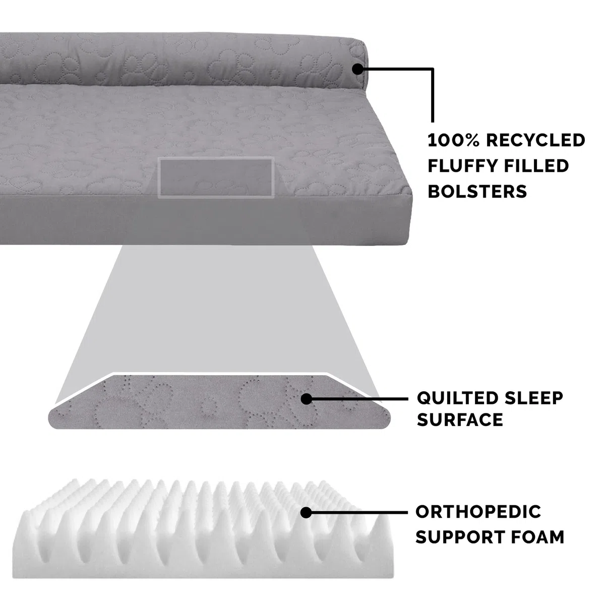 Furhaven XL Orthopedic Dog Bed Pinsonic Quilted Paw L Shaped Chaise w/Removable Washable Cover - Titanium, Jumbo (X-Large)