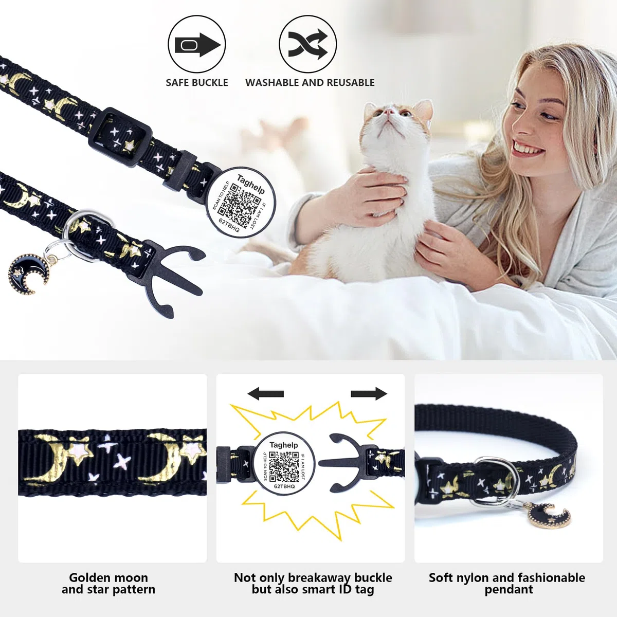 Collares de seguridad sólidos y seguros para gatitos con etiqueta de identificación QR para gatos y niñas, collar de mascotas, collar de gato, silencioso, ligero y duradero con código QR (negro y
