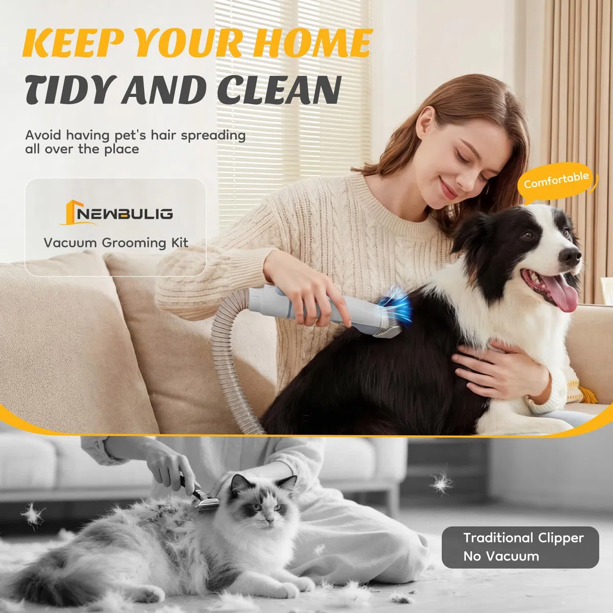 NEWBULIG Kit de aspiradora de aseo para mascotas, taza de polvo de 2.5 L, 3 modos de succión y 5 herramientas de peluquería, cortadora de perros con bajo ruido inalámbrico para gatos, perros y otros