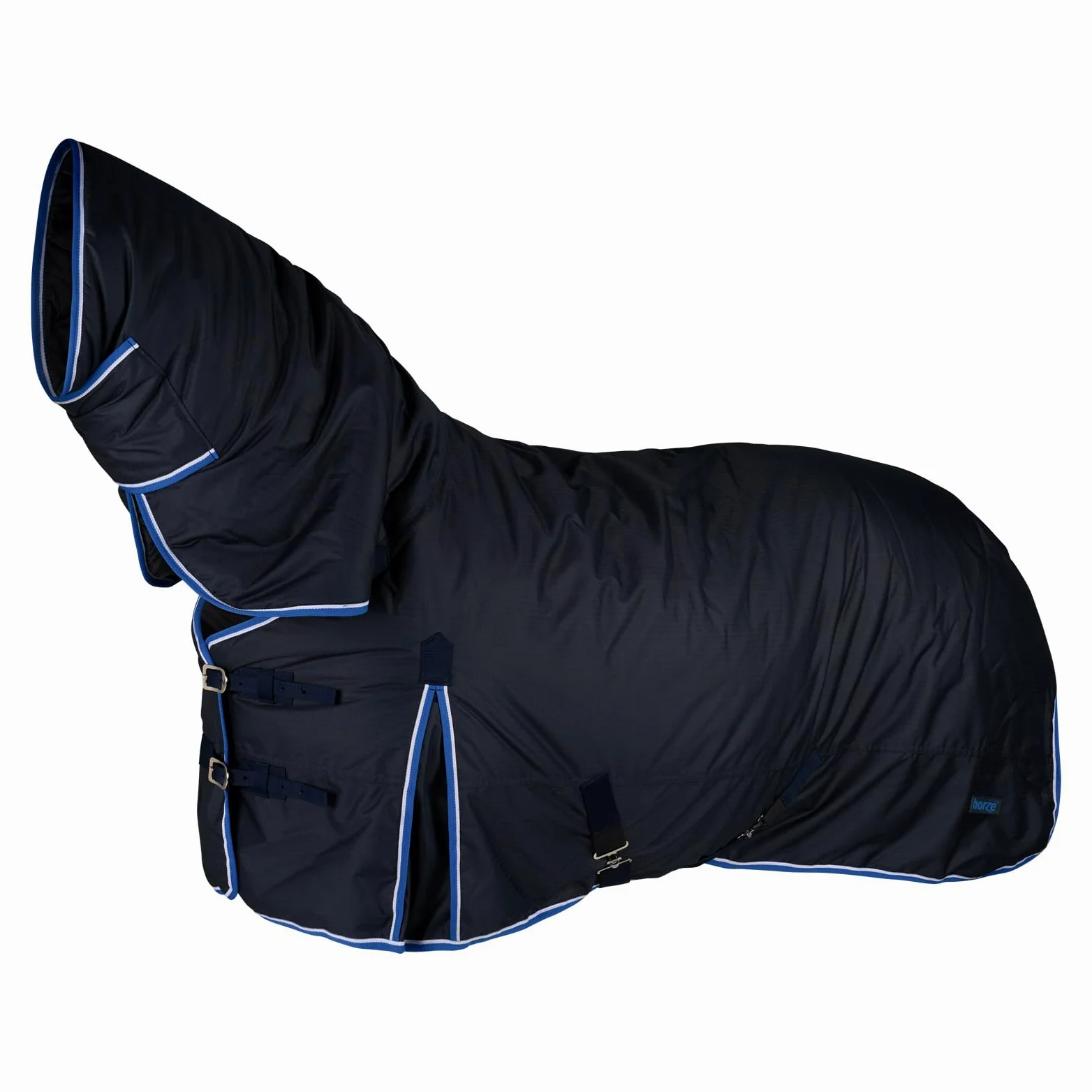 HORZE Glasgow - Manta de caballo de invierno de peso medio impermeable con cubierta para el cuello (relleno de 150 g), color azul oscuro, 75 pulgadas