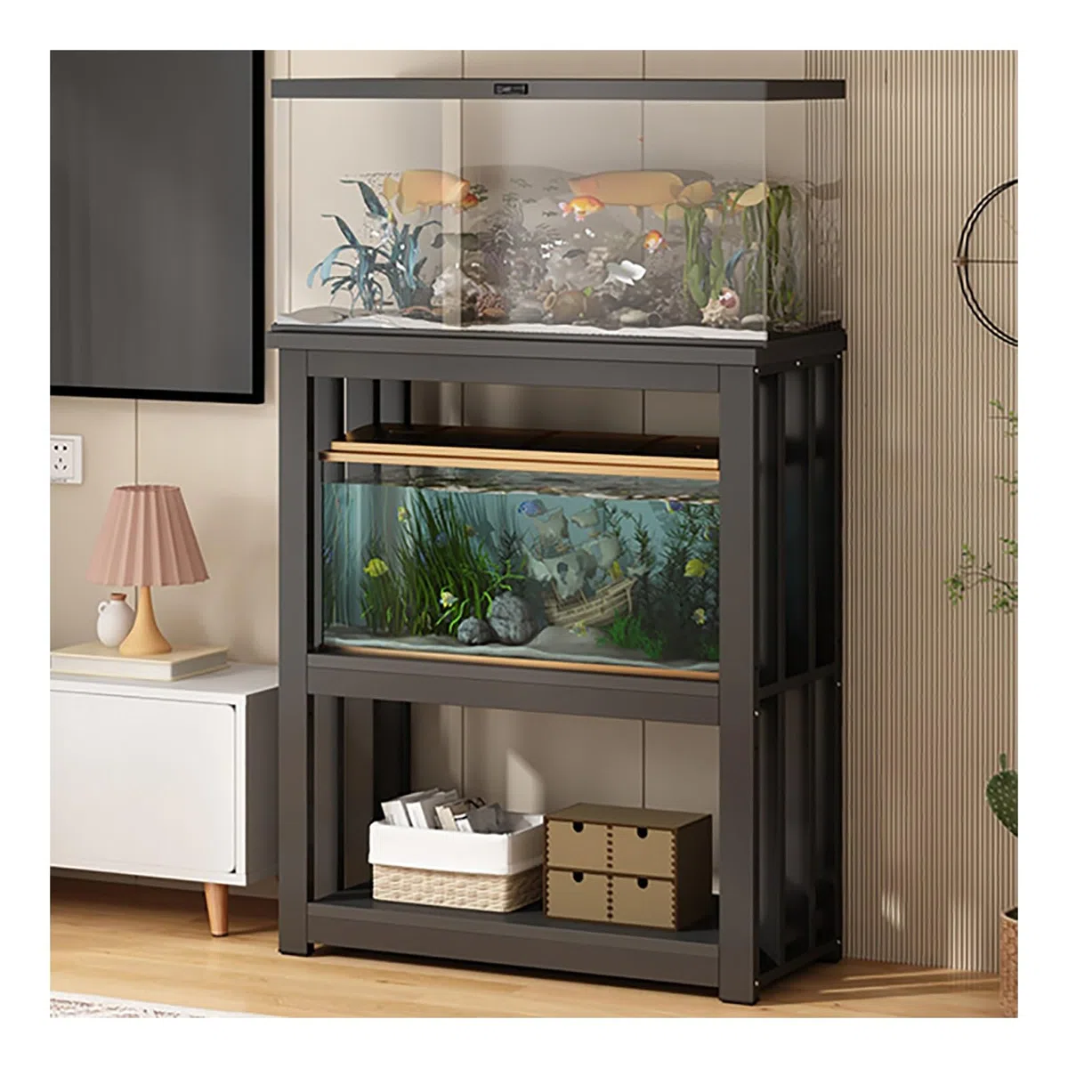 Soporte para Acuario de Madera Maciza, Soporte para Pecera | Diseño de Almacenamiento de 3 Niveles, Ajustable en 5 cm, Capacidad de 100 kg(Black A,100x40x100cm/39x16x28in)
