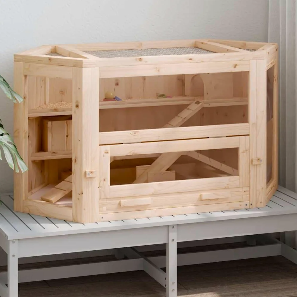Jaula para hámster de madera, 80 x 40 x 43 cm, madera de abeto | Casa de roedores para sala de estar con panel frontal acrílico para observación y bañera extraíble para una fácil limpieza.