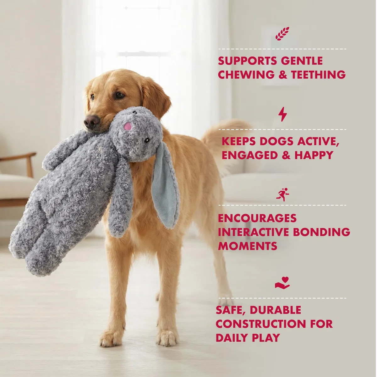 Petlou Juguetes de peluche sin relleno para perros con papel duradero para masticar perros grandes y medianos (gris, conejo floopy 2)