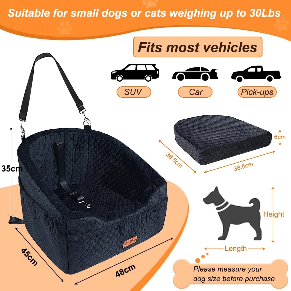 Vivifying - Asiento de coche para perro de tamaño pequeño y mediano, cesta de perro de coche con correa de seguridad y bolsillos de almacenamiento, asiento elevado para asiento delantero y asiento