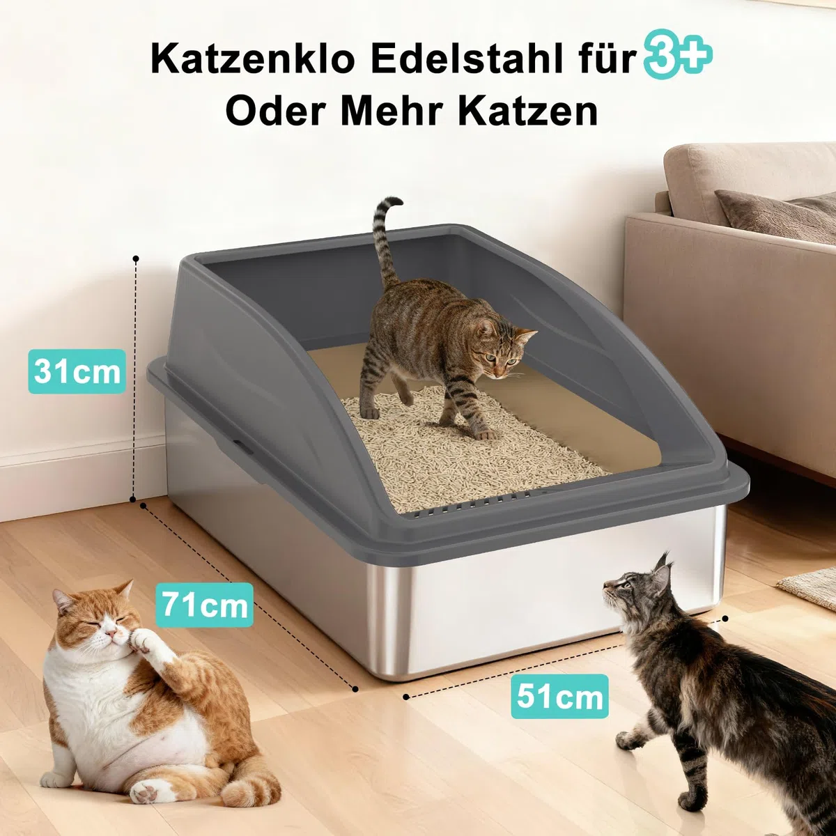 FURTIME Arenero Gato Acero Inoxidable XXXL, Caja Arena para Gatos Muy Grande 71x51x31 cm, WC Gatos con Borde Alto Desmontable, Fácil de Limpiar, Ideal para Hogares con Múltiples Gatos y Razas Grandes
